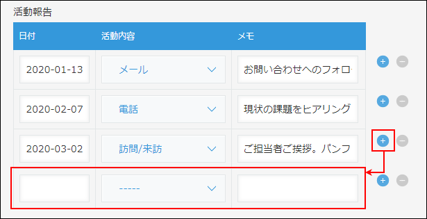 スクリーンショット：行を追加するアイコンが枠線で強調されたテーブル