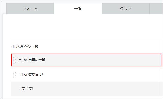 スクリーンショット：[一覧]タブの[作成済みの一覧]で「自分の申請の一覧」が枠線で強調されている