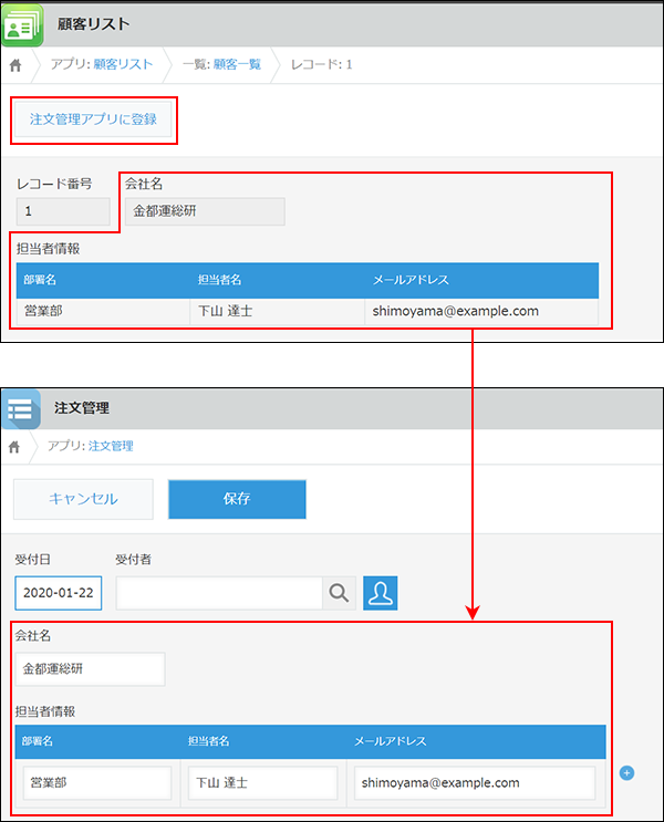 スクリーンショット：アプリアクションを利用してレコードを追加するイメージ