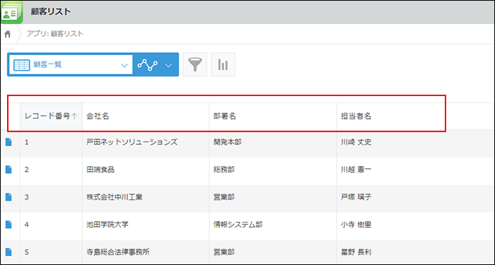 スクリーンショット：レコード一覧画面でフィールド名が表示されている行を赤枠で強調している