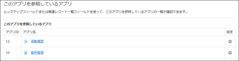 スクリーンショット：参照関係が一覧で表示されている、このアプリを参照しているアプリ画面